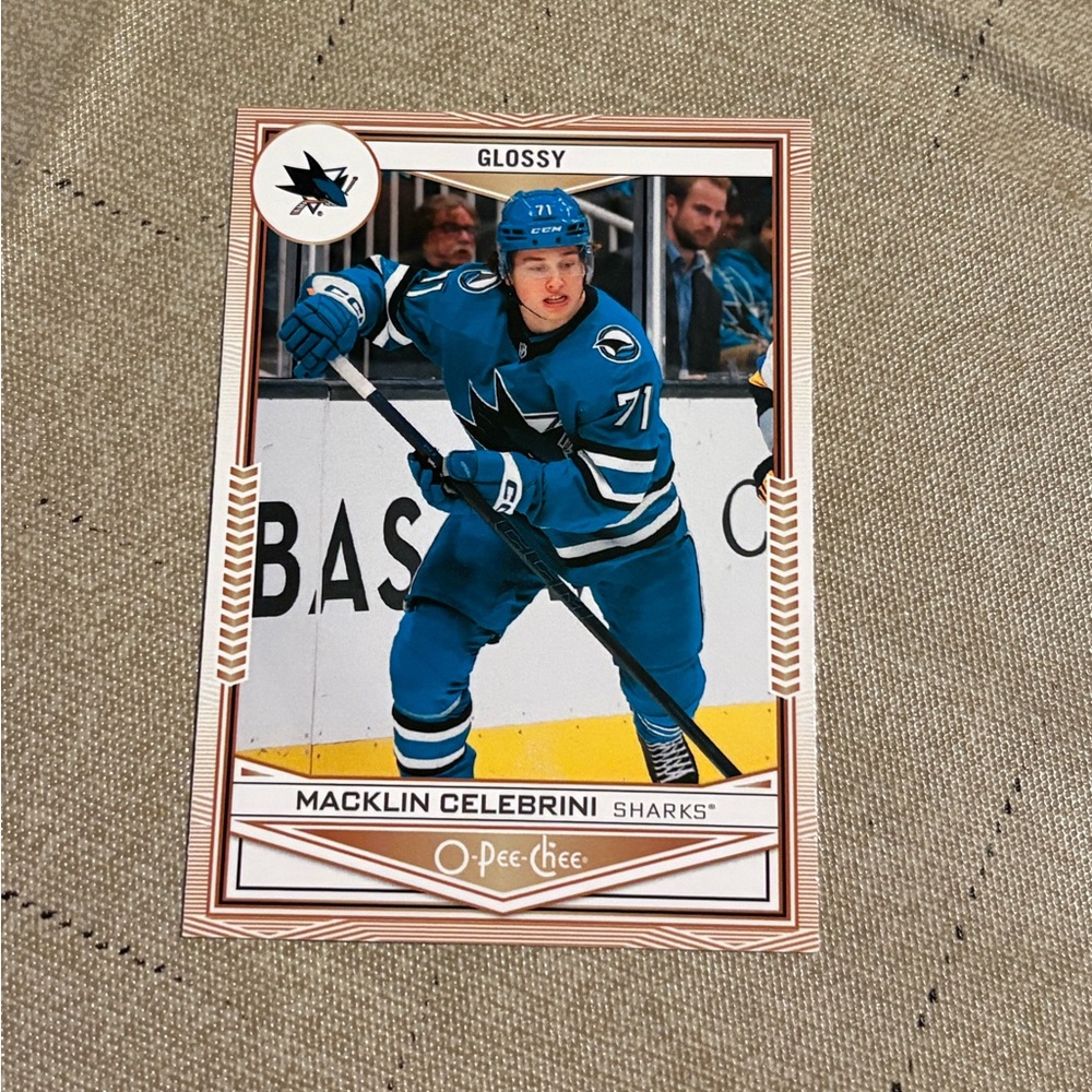 O-Pee-Chee Glossy Macklin Celebrini Sharks Hockey Card - Blue